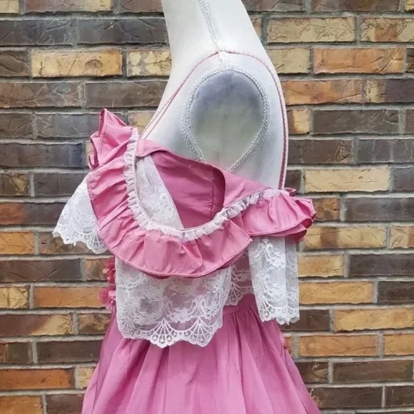 Dance Allure Rare Vintage 1980s Pink Lace Cold Shoulder Antebellum Hoop Dress M - Picture 7 of 12